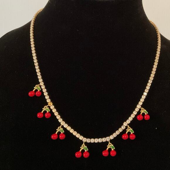 Rhinestone Cherry Charm Necklace - Picture 5 of 7
